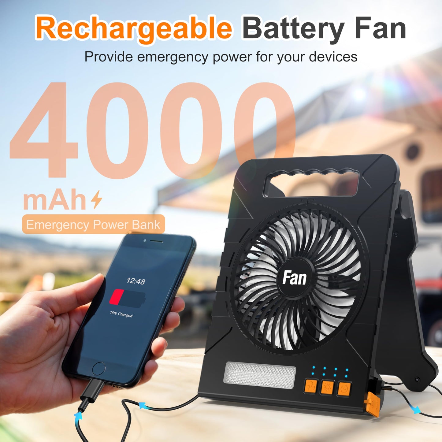 4000mAh Solar Powered Camping Fan with Lantern