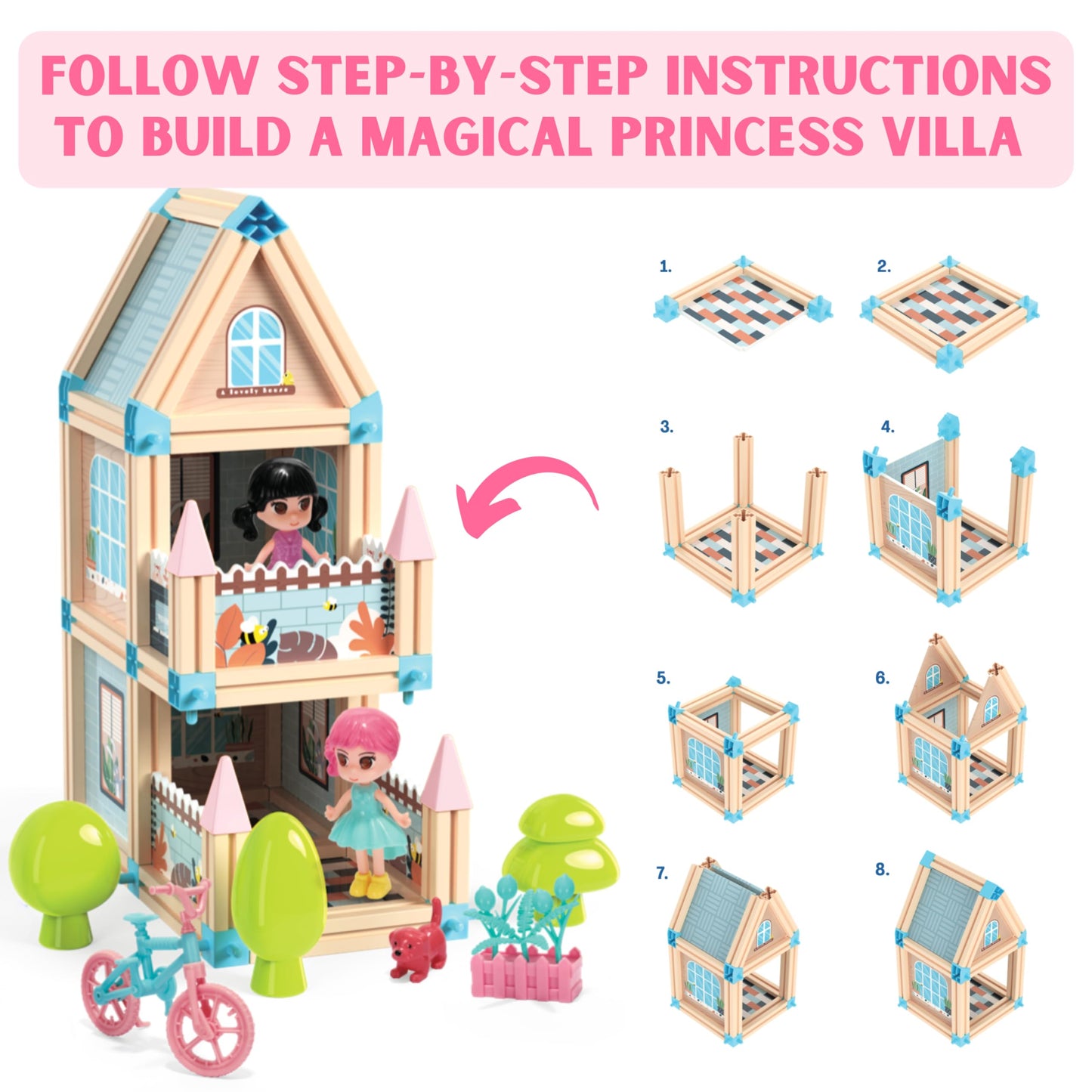 342-Piece 3D Princess Castle Villa Doll House Building Toy Set - STEM Montessori DIY Building Blocks Toys - Dollhouse for Girls Age 5 6 7 8 Year Old, LED Lights, ABS Plastic, Creative Kids Gift