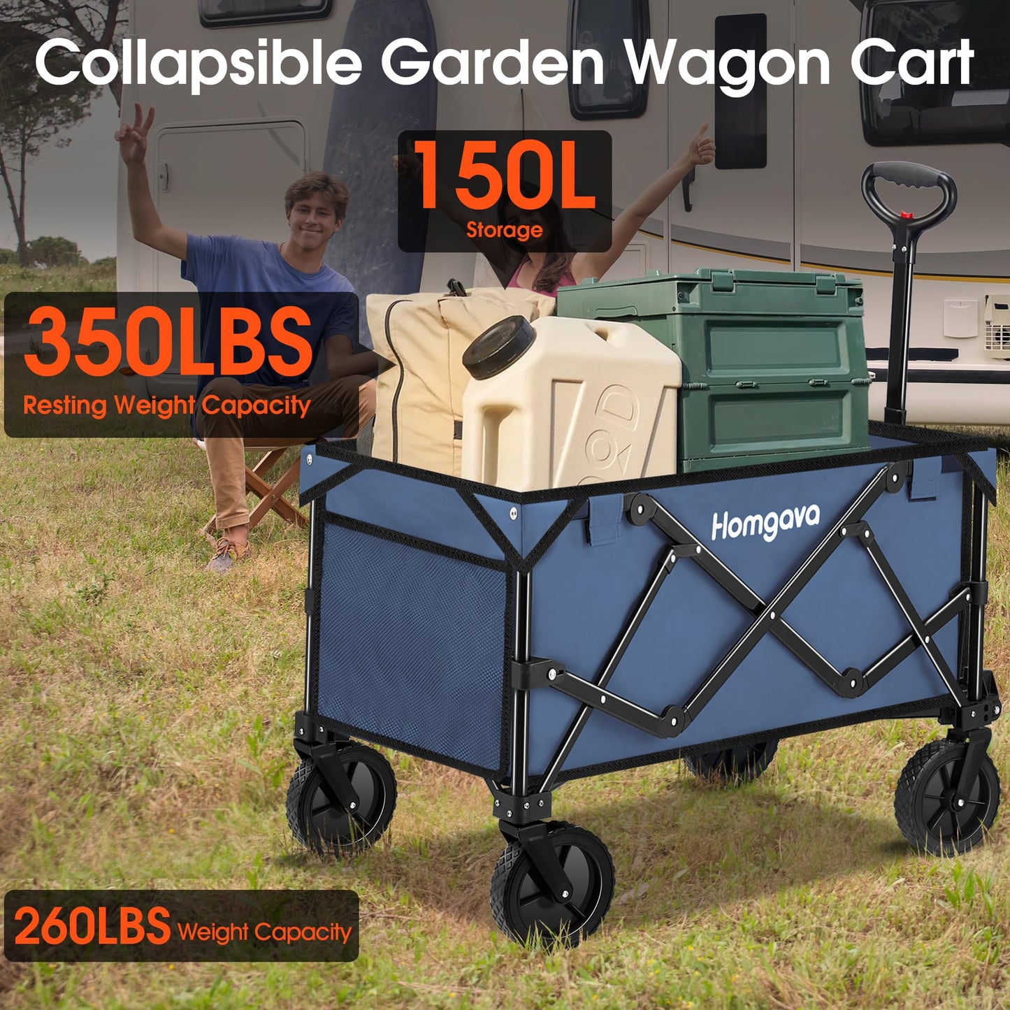 Collapsible Folding Wagon Cart,Heavy Duty Garden Cart with All Terrain Wheels,Portable Large Capacity Utility Wagon Cart for Camping Fishing Sports Shopping, Blue