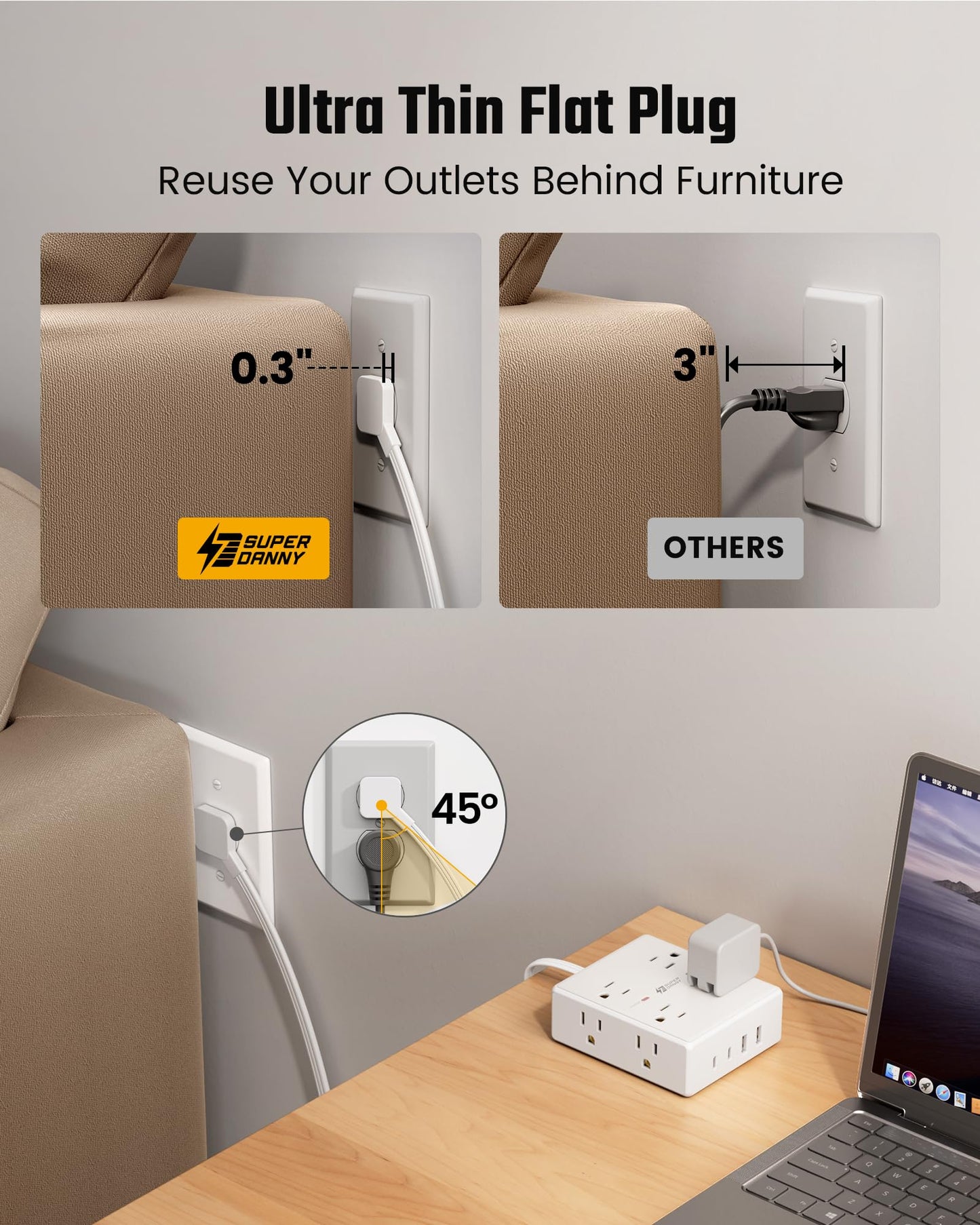 10Ft Extension Cord with 8 Outlets & USB Ports