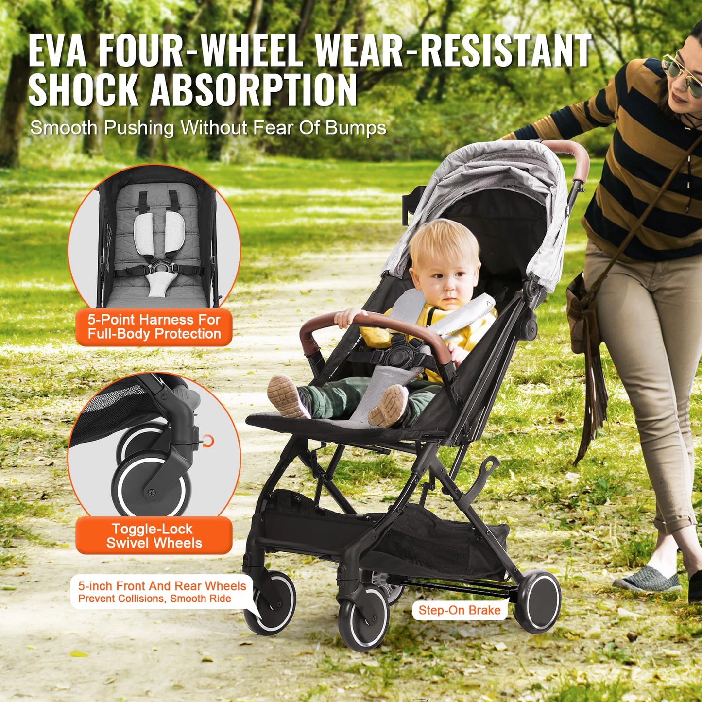 VEVOR Standard Baby Infant Stroller, Toddler Stroller with 95°-150° Adjustable Backrest & & 0/90°Adjustable Footrest & One-Click Folding, Newborn Stroller with Cup Holder and Carry Bag, Light Grey