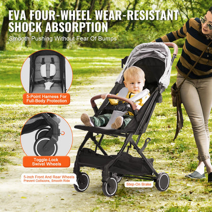 VEVOR Standard Baby Infant Stroller, Toddler Stroller with 95°-150° Adjustable Backrest & & 0/90°Adjustable Footrest & One-Click Folding, Newborn Stroller with Cup Holder and Carry Bag, Light Grey