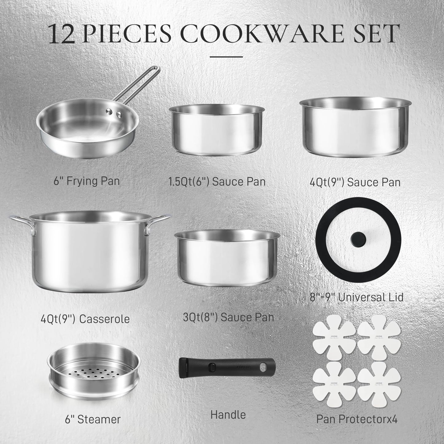 CAROTE 12-Piece Induction Cookware Set with Removable Handles