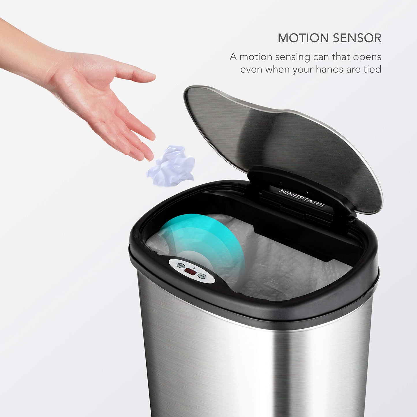 NINESTARS CB-DZT-50-13/12-13 Automatic Touchless Infrared Motion Sensor Trash Can Combo Set, 13 Gal 50L & 3 Gal 12L, Stainless Steel Base (Oval, Silver/Black Lid)