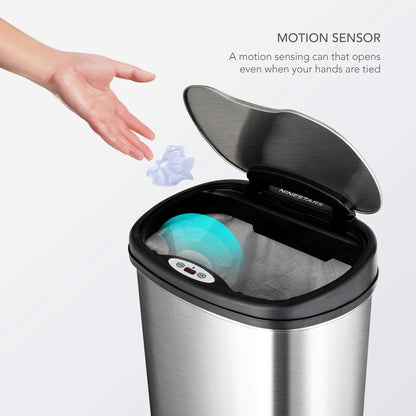 NINESTARS CB-DZT-50-13/12-13 Automatic Touchless Infrared Motion Sensor Trash Can Combo Set, 13 Gal 50L & 3 Gal 12L, Stainless Steel Base (Oval, Silver/Black Lid)