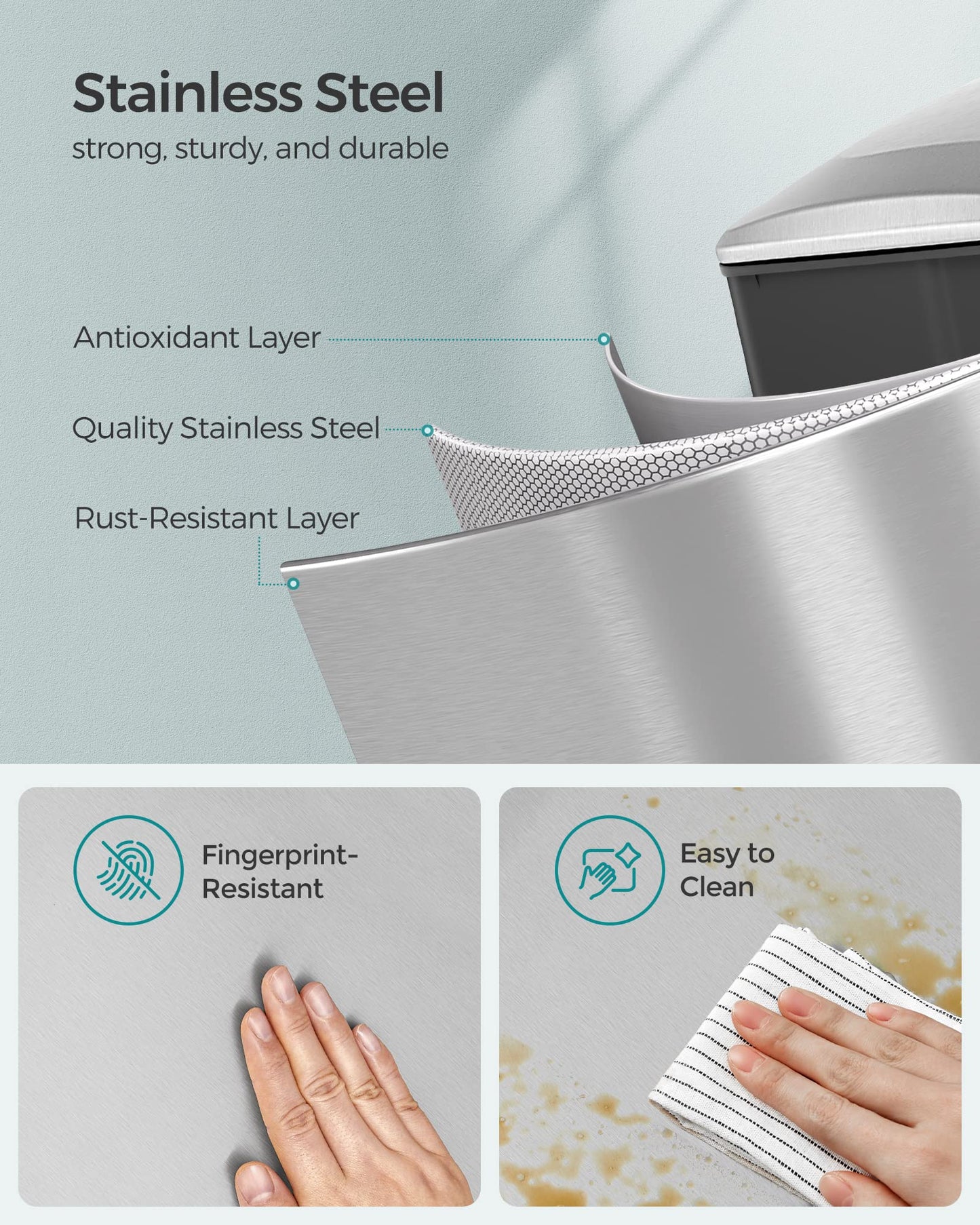 SONGMICS Slim Trash Can, 12.7 Gallon Garbage Can for Narrow Spaces with Soft-Close Lid, Inner Bucket, and Step-on Pedal, Stainless Steel, 15 Trash Bags Included, Silver ULTB510E48