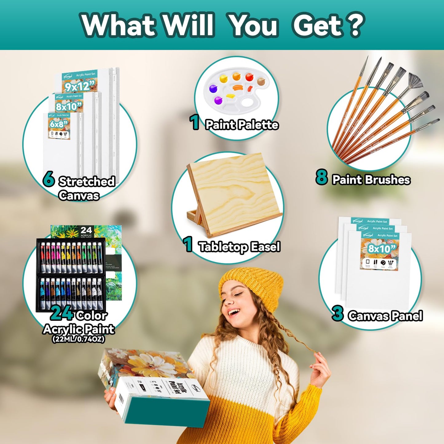 Acrylic Paint Set with Canvases and Easel
