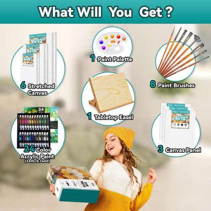 Acrylic Paint Set with Canvases and Easel