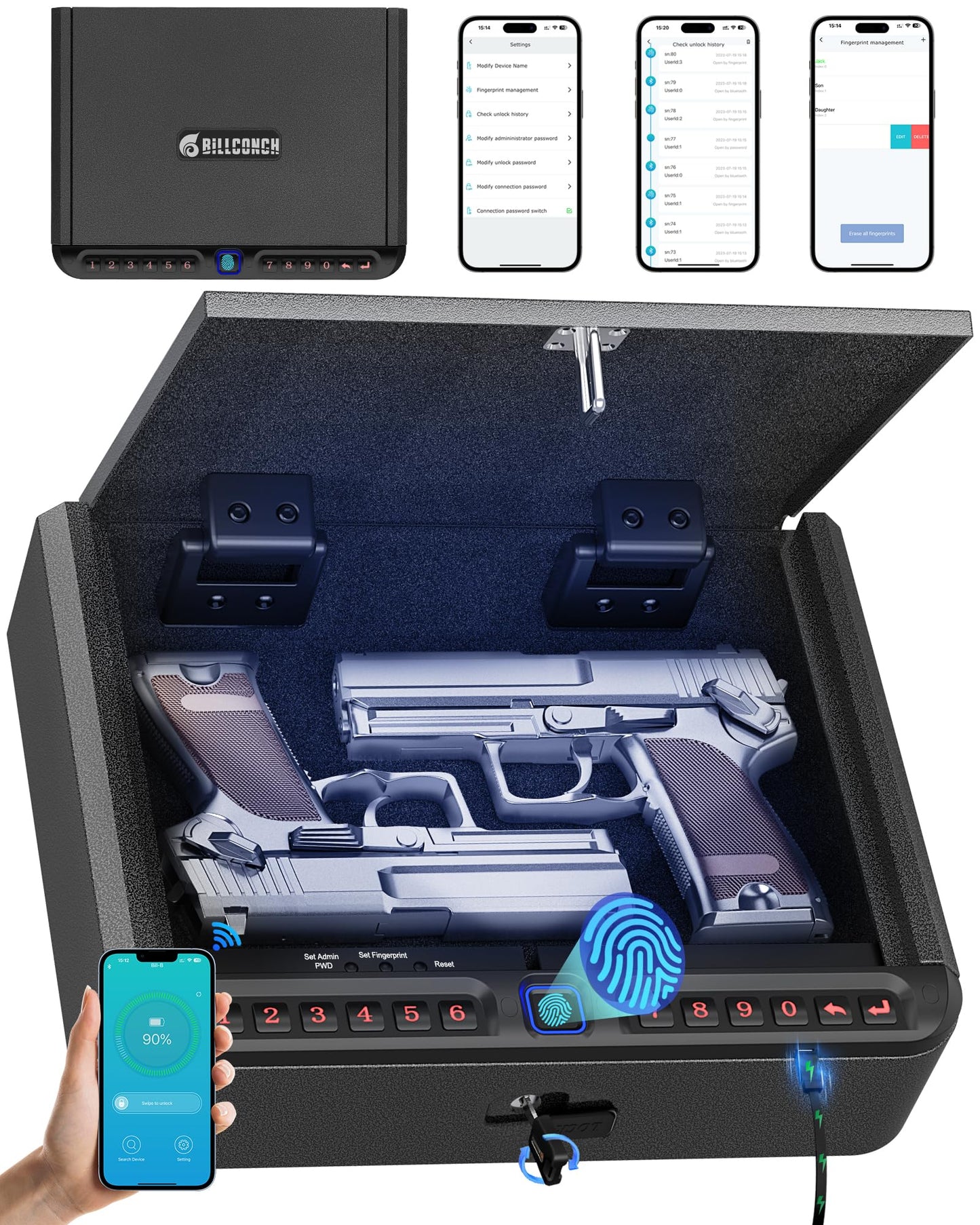 BILLCONCH Gun Safe for Handgun - Biometric Gun Safe 4 Ways Quick Access with Fingerprint/Full-digital Keypad/Key/APP Lock Handgun Pistol Safe for Nightstand Bedside Home Car