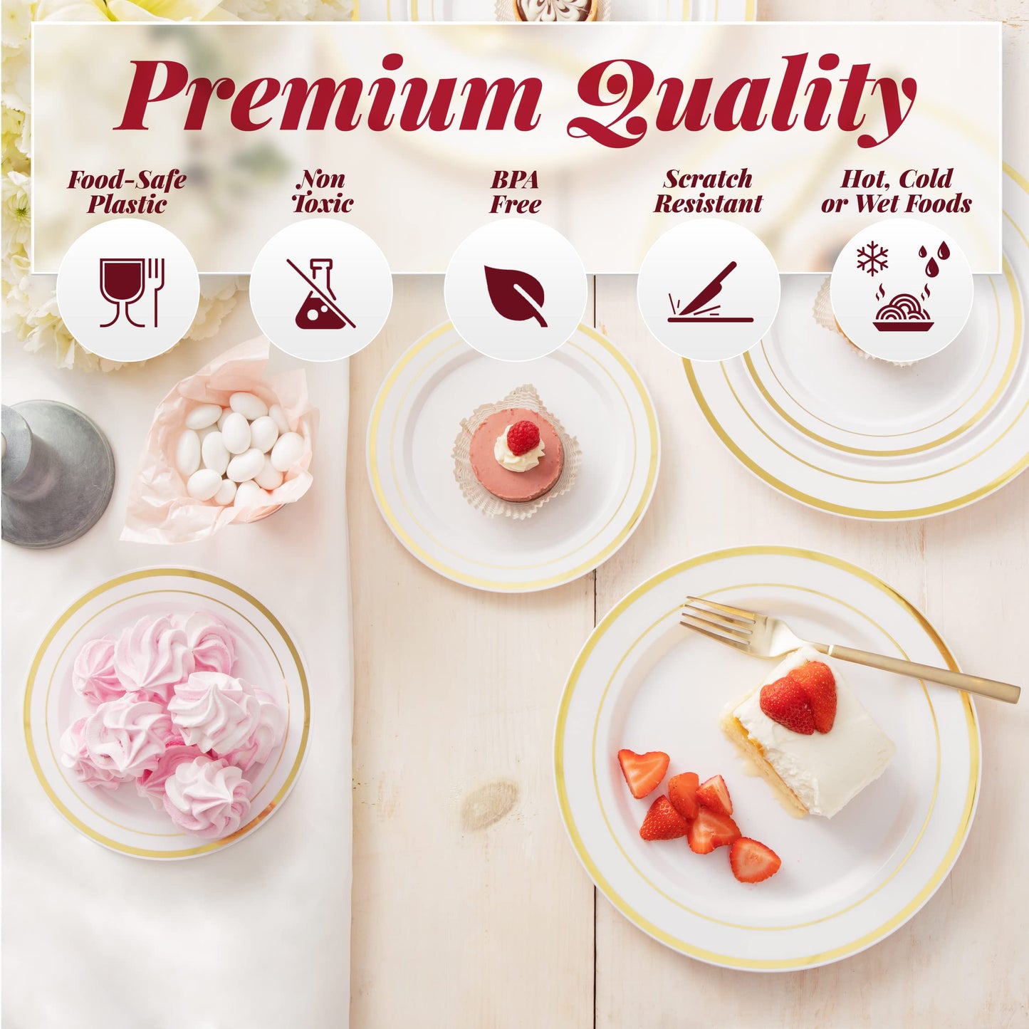 Prestee 50-pc Plastic Gold Plates, 25 Plastic Dinner Plates & 25 Salad Small Plastic Plates, White/Gold Rimmed Plastic Plates for Dessert Appetizer Parties Holiday Wedding Thanksgiving Plastic Plates