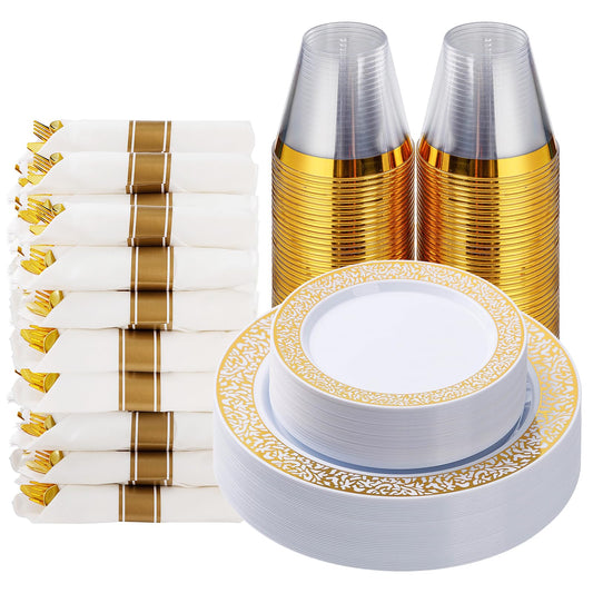 Goodluck 175 Piece Gold Plastic Dinnerware Set for 25 Guests, Disposable Lace Plates for Party, Include: 25 Gold Dinner Plates, 25 Dessert Plates, 25 Pre Rolled Napkins with Silverware, 25 Cups