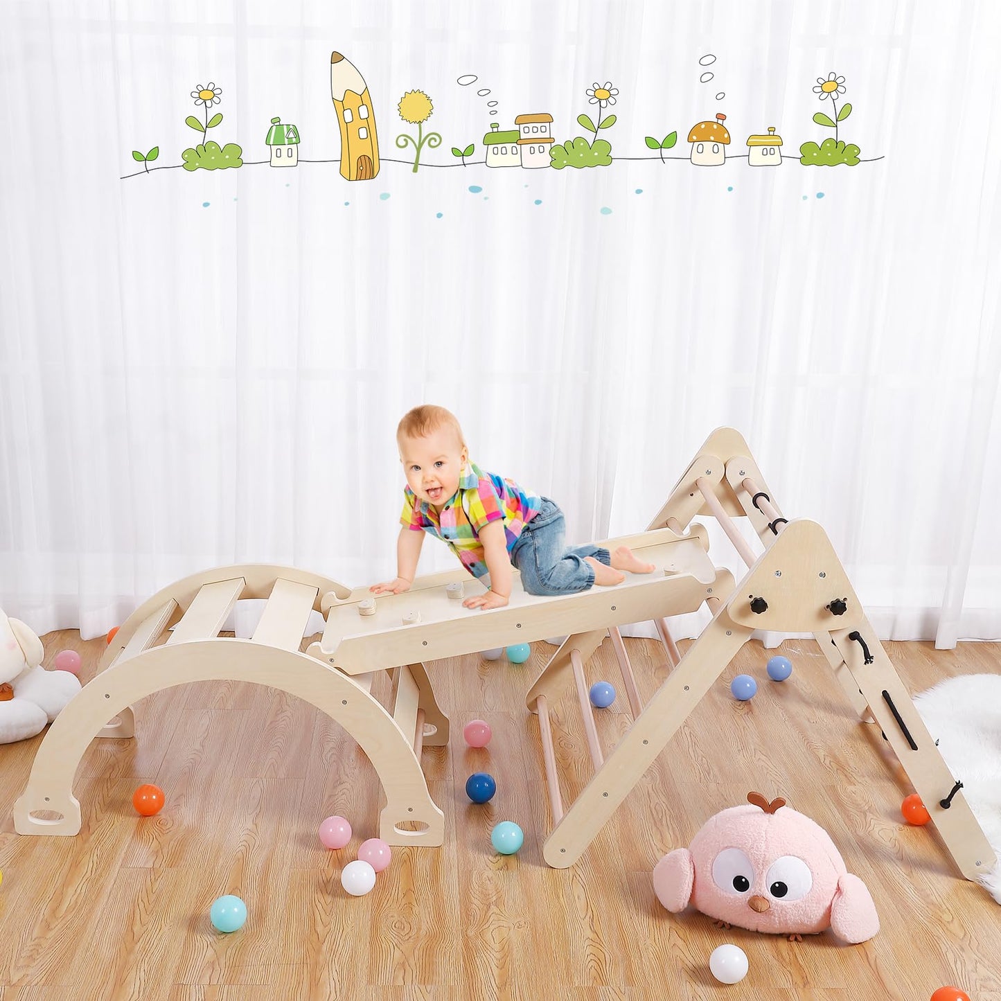 GarveeLife 3 in 1 Kids Climbing Toys, Toddler Indoor Gym Playset, Foldable Triangle Playground Toys Set with Sliding Ramp & Climbing Arch Ramp, Wooden Baby Climbing Gym - Natural