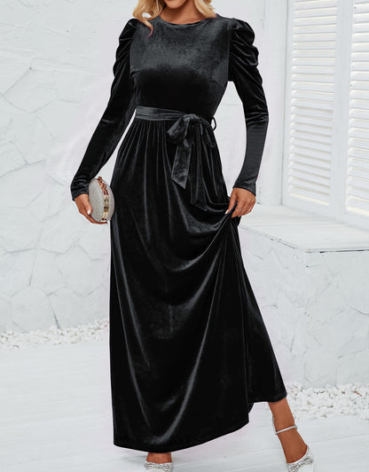ZESICA Women's Velvet Maxi Dress with Puff Sleeves