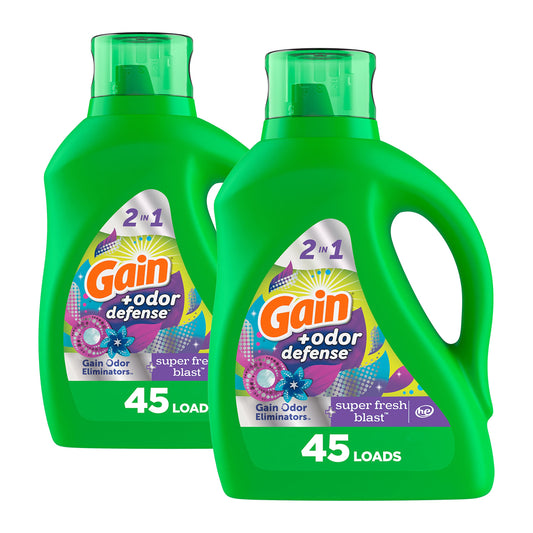Gain + Odor Defense Liquid Laundry Detergent 2-Pack, Super Fresh Blast Scent, 65 fl oz each, 45 Loads each, HE Compatible