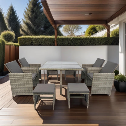 ojhnbvv Pieces Dining Outdoor Space Saving Rattan Chairs with Glass Table Patio Furniture, Back Sectional Conversation Set Wicker Cushion for Lawn, Garden, Backyard, 9-Grey