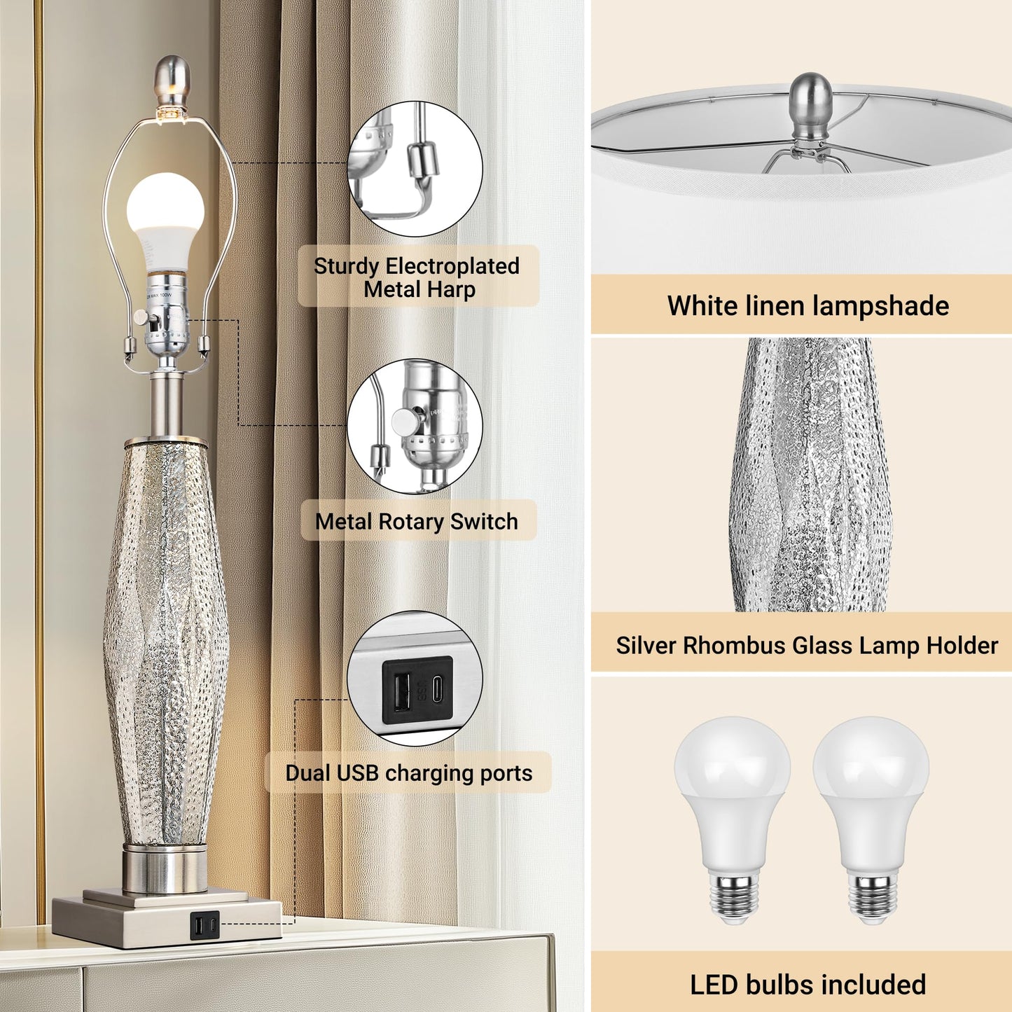 2 Pack Table Lamps with USB Charging Ports
