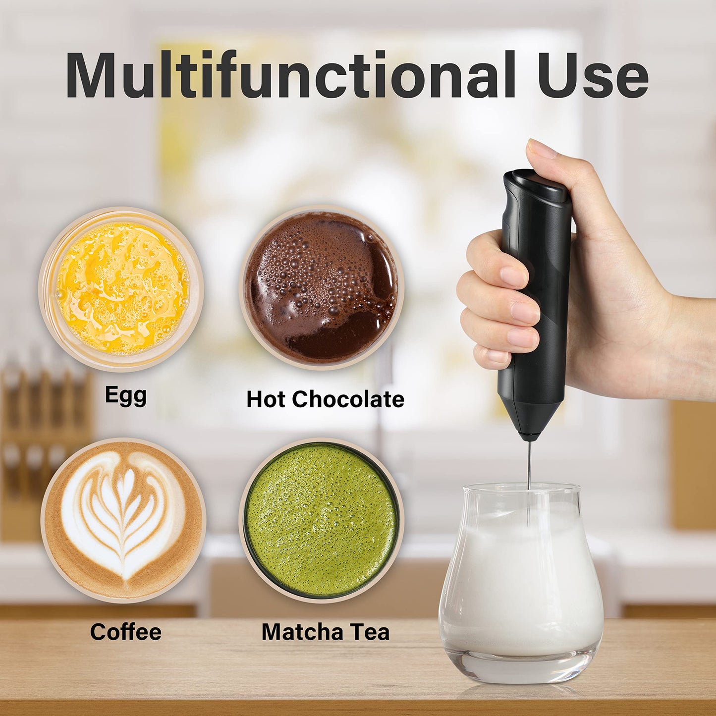 YSSOA Electric Milk Frother Handheld with Stainless Steel Stand Battery Operated Whisk Drink Mixer for Coffee, Frappe, Latte, Matcha, Hot Chocolate, Black (2 Pack, Black)