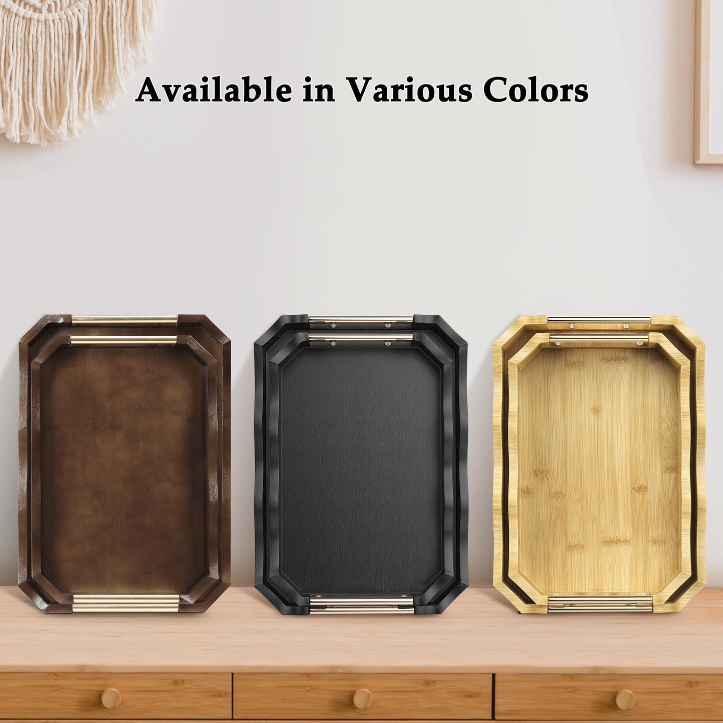 QooWare Bamboo Serving Tray Set of 2, Elegant Natural Bamboo Trays with Rose Gold Handles & Wave Edge Design, Ottoman Tray for Serving Food, Tea, Drinks and Home Decor Organization, Walnut Brown