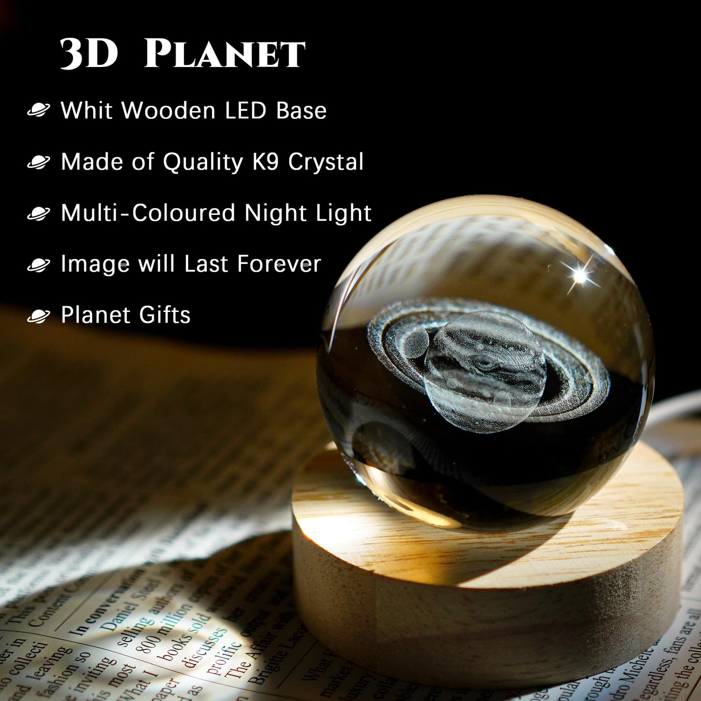YU FENG 3D Engraved Saturn Crystal Ball on Wooden Base Ideal for Home Decor and Collectors