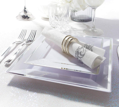 I00000 175PCS Silver Plastic Plates, Disposable Silverware, Napkins & Cups, Silver Square Dinnerware Include 25 Dinner Plates, 25 Salad Plates,25 Forks,25 Knives,25 Spoons,25 Tumblers, 25 Guest Towels