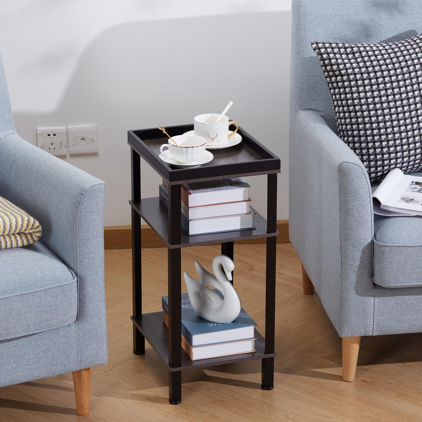 ZEXVIDA Side Table for Small Spaces,3 Tier End Table Under Desk Storage with Storage Shelf, Small Bedside Table,Nightstand for Living Room, Bedroom, Office,Grey