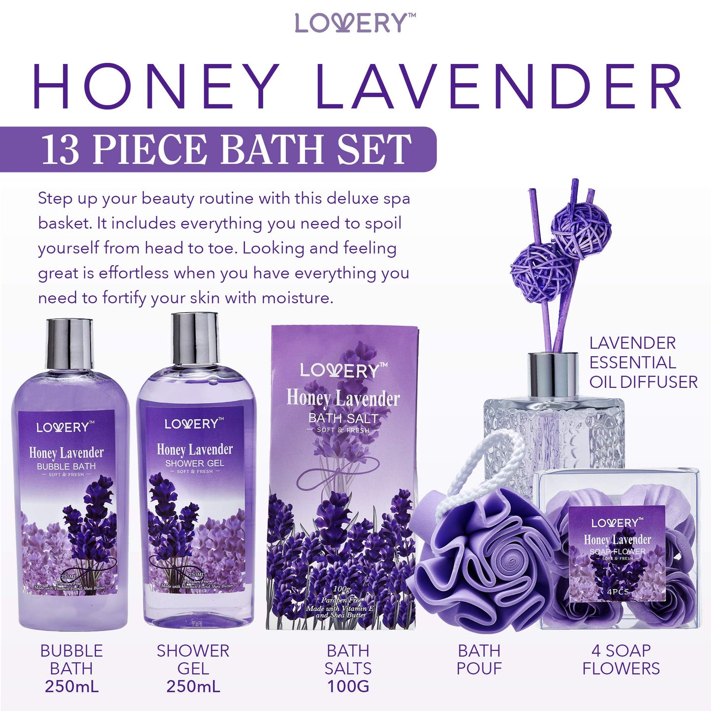 Christmas Gifts, Bath and Body Gift Basket For Women and Men, Honey Lavender Home Spa Set with Essential Oil Diffuser, Soap Flowers, Bath Salts, Bubble Bath and More - 13 Pc Set Presents for Mom