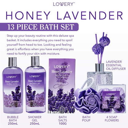 Christmas Gifts, Bath and Body Gift Basket For Women and Men, Honey Lavender Home Spa Set with Essential Oil Diffuser, Soap Flowers, Bath Salts, Bubble Bath and More - 13 Pc Set Presents for Mom