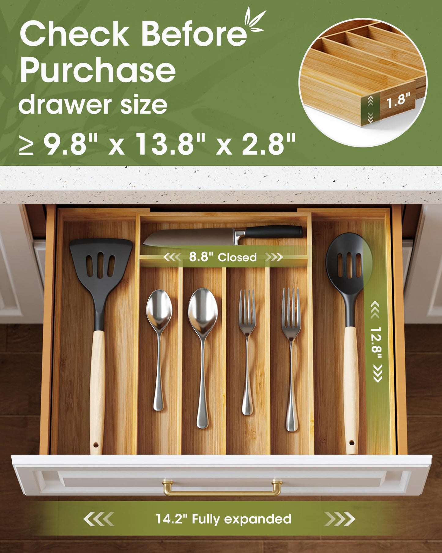 AUJEN Expandable Bamboo Silverware Organizer with 7 Slots