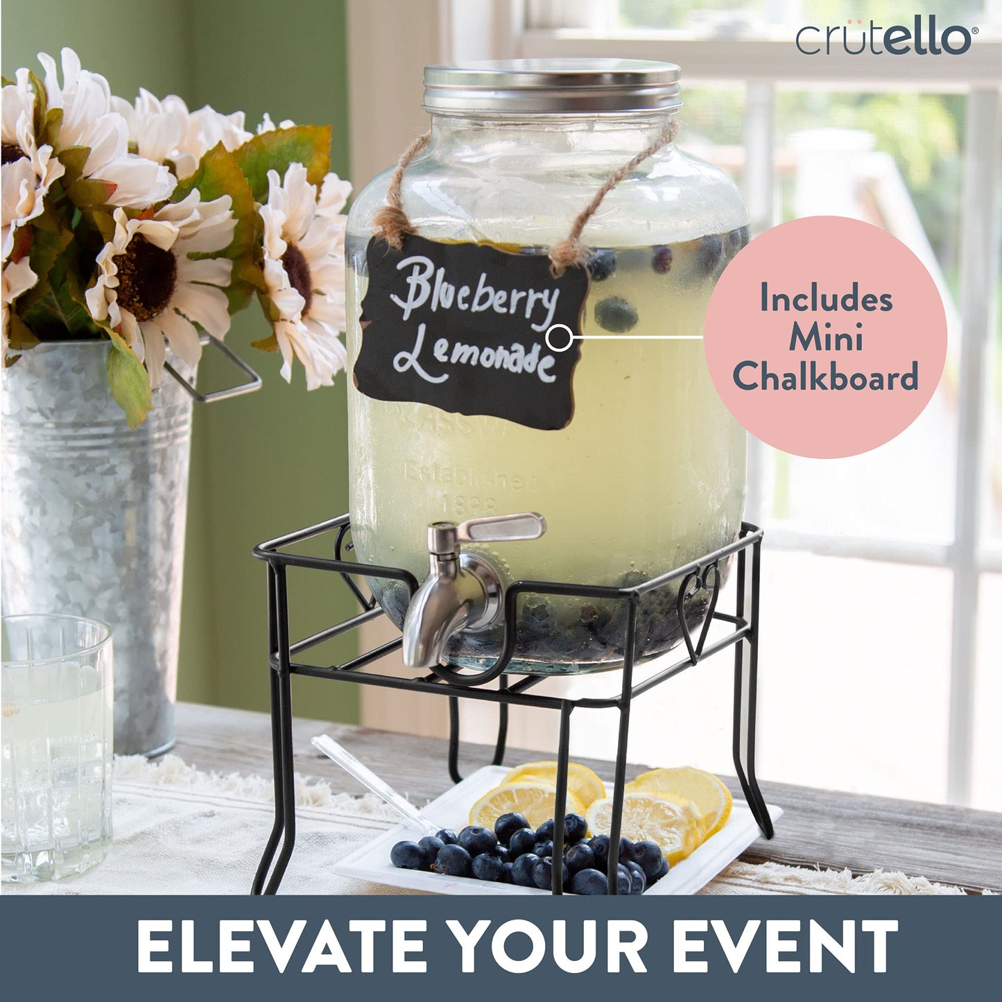 Crutello Glass Beverage Dispenser with Stainless Steel Spigot, 1 Gallon Drink Dispenser Metal Black Stand, Lemonade, Tea, Water, Laundry Detergent - A Family-Owned American Brand