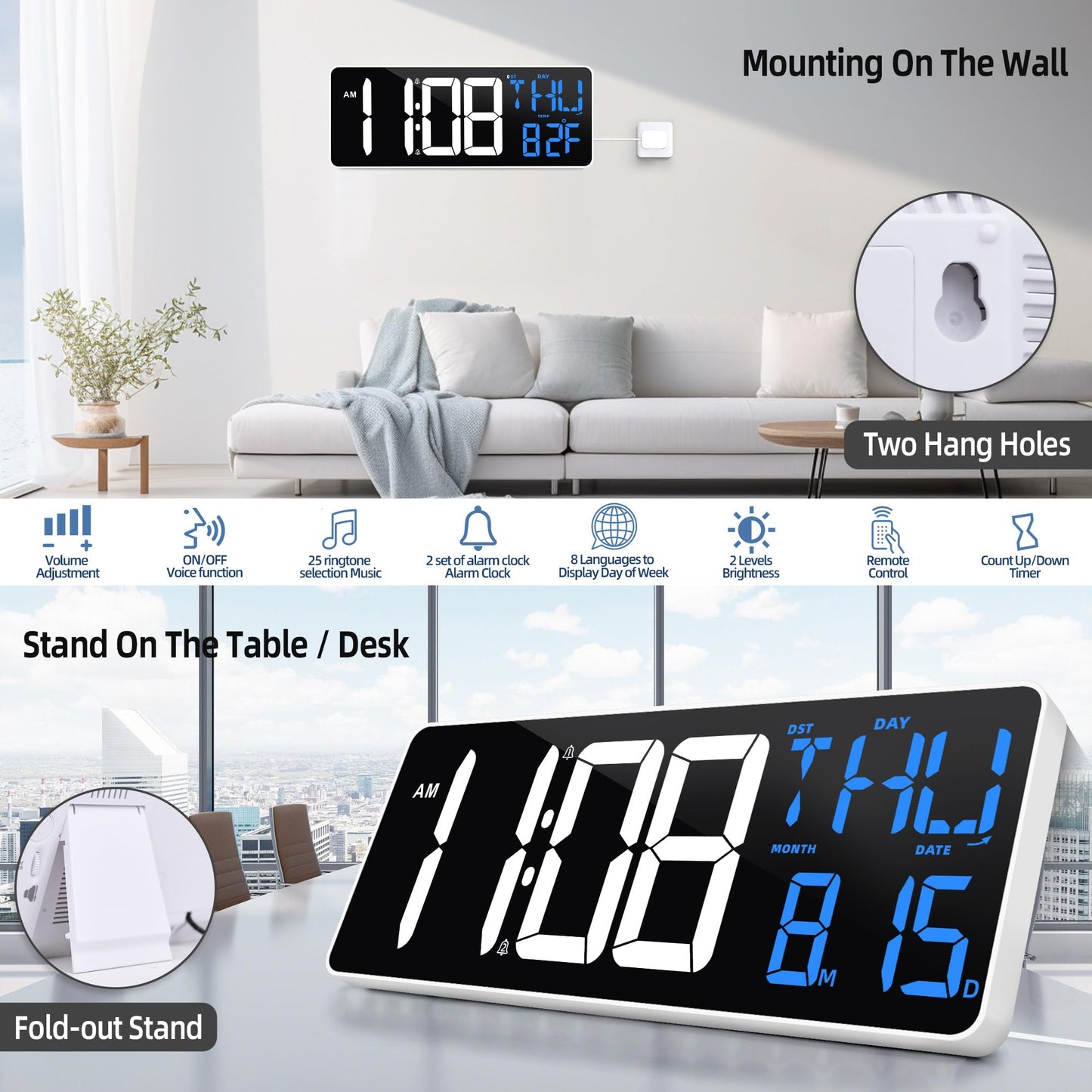 Digital Wall Clock with Remote & Night Light
