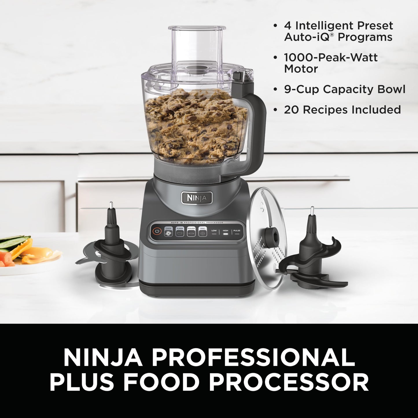 Ninja BN601 Professional Plus Food Processor, 1000 Peak Watts, 4 Functions for Chopping, Slicing, Purees & Dough with 9-Cup Processor Bowl, 3 Blades, Food Chute & Pusher, Silver