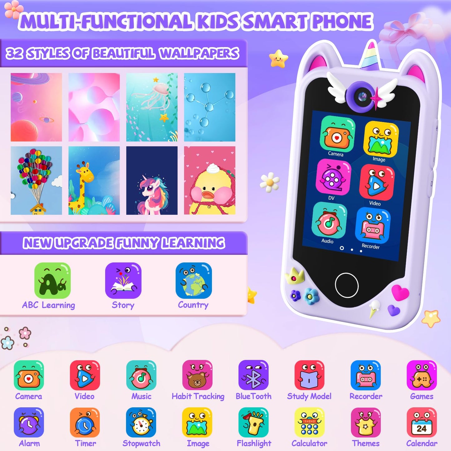 Kids Smart Phone for Girls Gifts - Toddler Christmas Birthday Gift for Age 3 4 5 6 7 8 9 10 Year Old, Kids Cell Phone Toy with Touchscreen, Dual Cameras, Learning, Music Player, Games with 32 GB Card