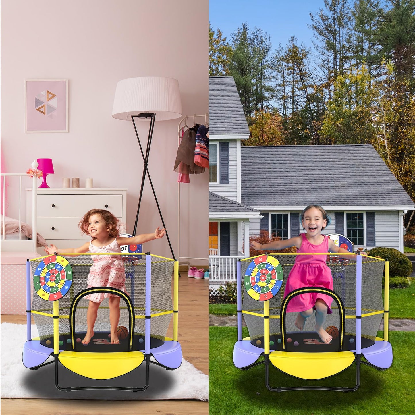 Gardenature Toddler Trampoline for Kids Mini Trampoline Outdoor Indoor Small Trampoline with Net, Basketball Hoop,with Dart Board 5FT Yellow Purple