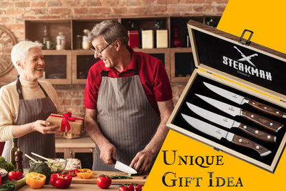 STEAKMAN Multipurpose Knife Set- Steak Knives Box - Unique Present in Wooden Gift Box - Gift Idea for Men Women Wife Husband Dad Mom – Wooden Handles Knives - Gifts for Birthday Anniversary