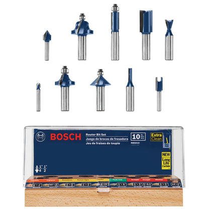 BOSCH RBS010 10-Piece 1/2 in. and 1/4 in. Shank Carbide-Tipped All-Purpose Professional Router Bits Assorted Set with Case for Applications in Straight, Trimming, Decorative Edging, Dovetail Joinery