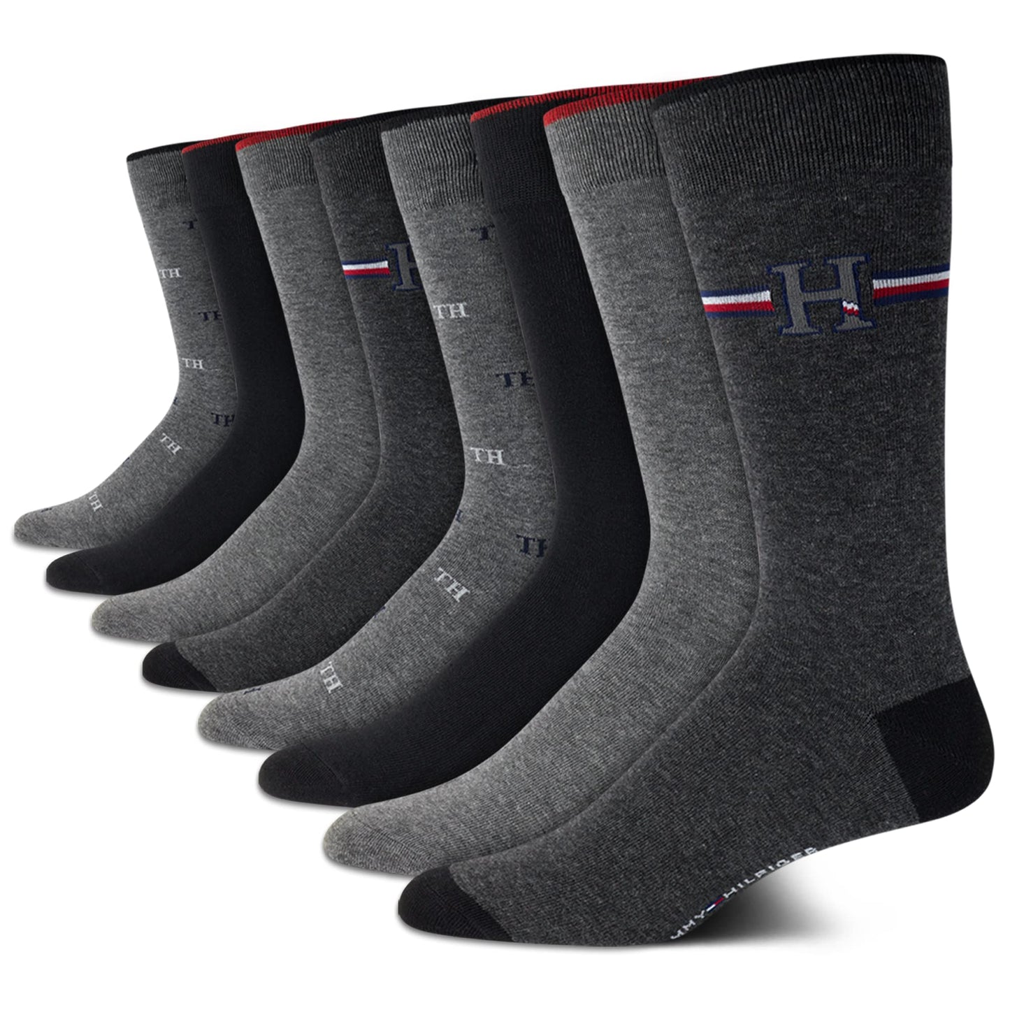 Tommy Hilfiger Men's Dress Socks - 8 Pack Comfort Stretch Crew Socks for Men - Crew Length Breathable Mens Work Socks (7-12), Size 7-12, Black/Grey Logo