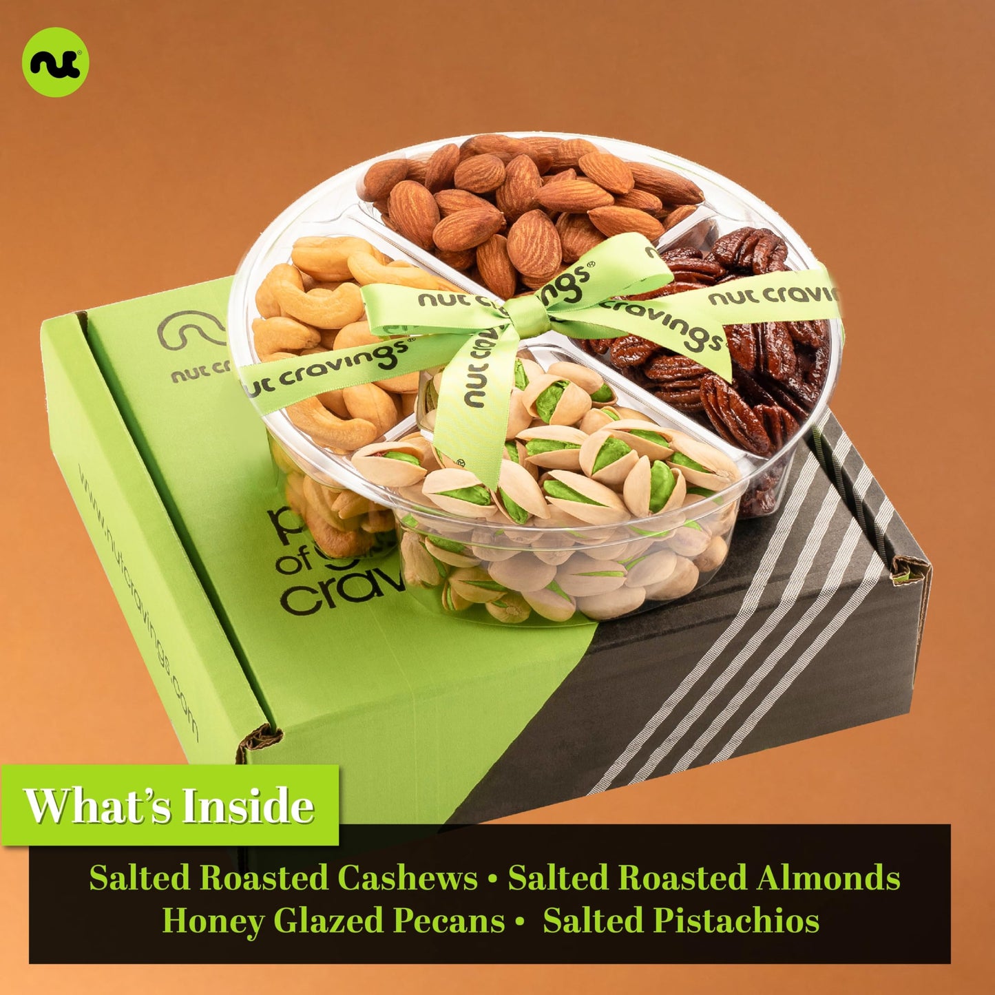NUT CRAVINGS Gourmet Collection - Rosh Hashana & Shana Tova Mixed Nuts Gift Basket + Green Ribbon (4 Assortments) Arrangement Platter, Birthday Care Package - Healthy Kosher USA Made