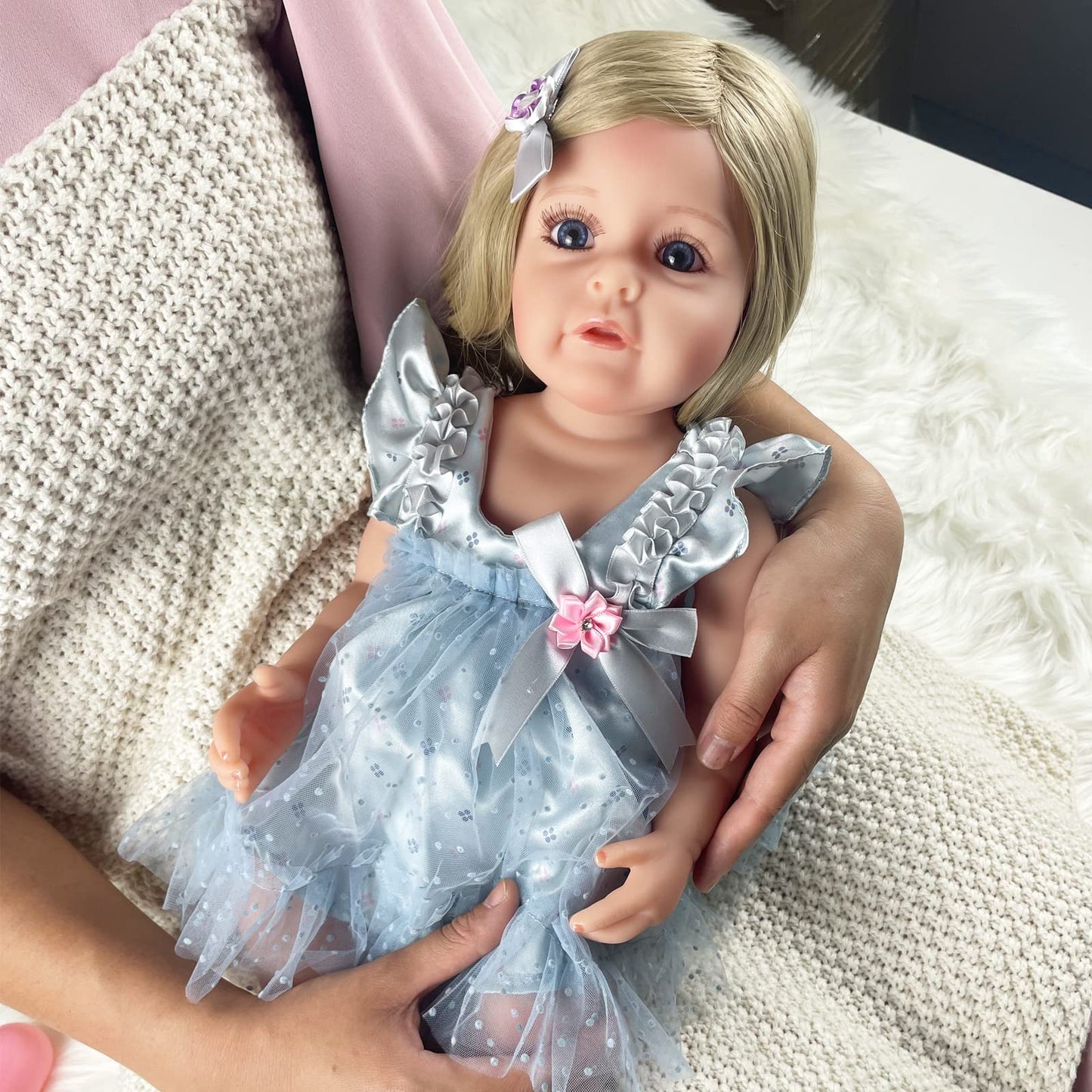 PLAYSKY Reborn Baby Dolls Girl, 22" Beautiful Lifelike Doll Full Body Vinyl Silicone with Long Hair for Kids, Realistic Newborn Baby Doll with Feeding Toy for Birthday Christmas