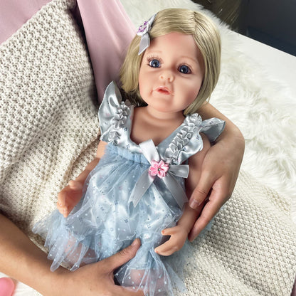 PLAYSKY Reborn Baby Dolls Girl, 22" Beautiful Lifelike Doll Full Body Vinyl Silicone with Long Hair for Kids, Realistic Newborn Baby Doll with Feeding Toy for Birthday Christmas