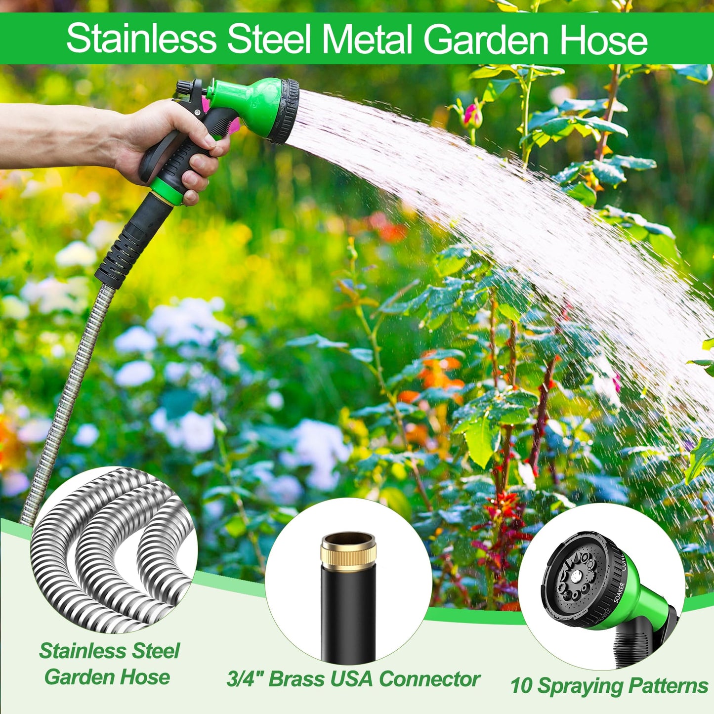EONFAY 50ft Stainless Steel Garden Hose with Nozzle