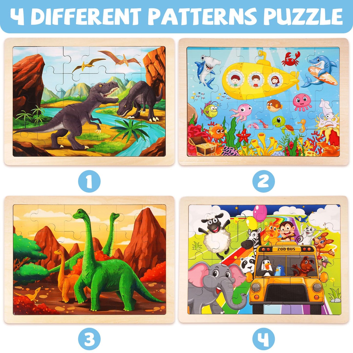 AXEARTE Wooden Puzzles for Kids Ages 3-5, 4 Packs 24 PCs Jigsaw Puzzles Montessori Toys, Dinosaur, Zoo, Sea Animals Wood Brain Teasers Boards Educational Toys for Boys and Girls