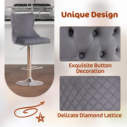 Chummaven Velvet Adjustable Bar Stools Set of 2, Counter Height Swivel Barstools with Chrome Base Footrest, Modern Upholstered Bar Chairs with Boutton Tufed High-Back for Kitchen,Dark Grey