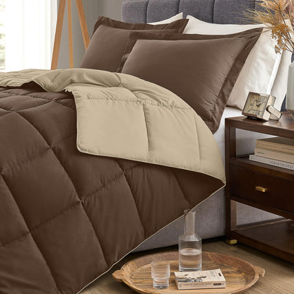 Homelike Moment Twin Comforter Set Brown, Lightweight Reversible Comforter Twin Size Bed Sets, Soft Down Alternative Bed Comforter All Season 2 Pcs Twin Bedding Set with 1 Sham Brown/Beige