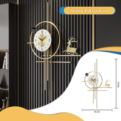 PSYCHE GOD Modern Gold Wall Clock 24.8 Inch Decorative Metal Wall Clocks for Living Room Decor,3D Elk Non-Ticking Clock Battery Operated for Bedroom