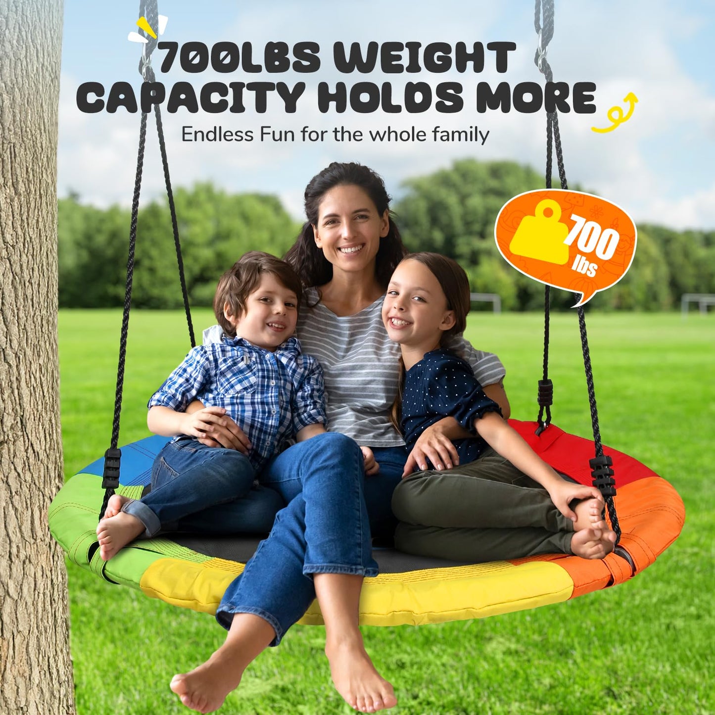 Trekassy 700lb 40 Inch Saucer Tree Swing for Kids Adults 900D Oxford Waterproof with 2pcs Tree Hanging Straps, Steel Frame and Adjustable Ropes Rainbow