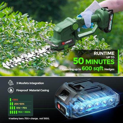 LURSKY 21V Cordless Hedge Trimmer with Battery