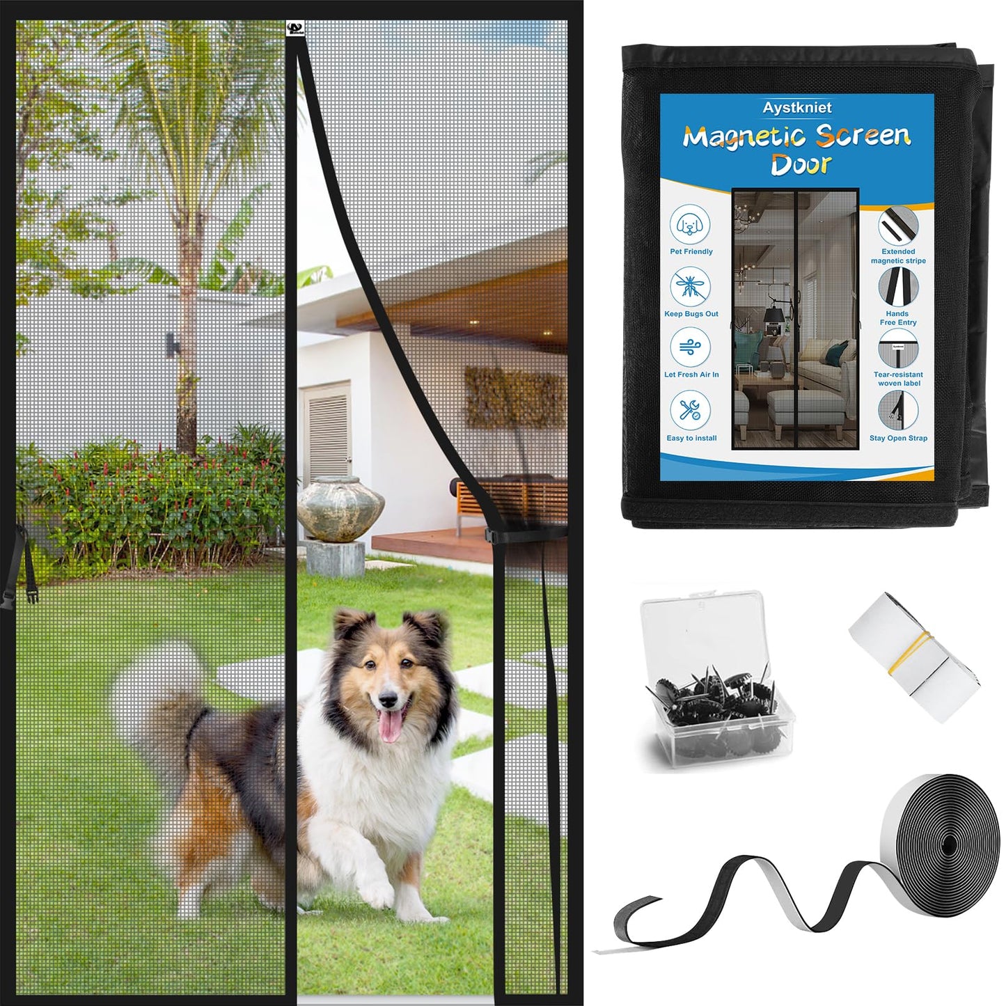 Aystkniet Upgraded Magnetic Screen Door for 30 x 80 Inch Door with 20cm Long Magnet, Reinforced Fiberglass Door Mesh for Front/French and Patio Doors, with Keep Open Strap, Self-Sealing, Hands-Free