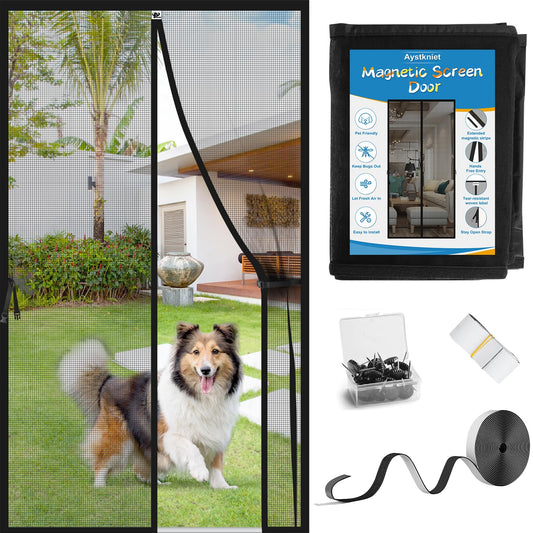 Aystkniet Upgraded Magnetic Screen Door for 30 x 80 Inch Door with 20cm Long Magnet, Reinforced Fiberglass Door Mesh for Front/French and Patio Doors, with Keep Open Strap, Self-Sealing, Hands-Free