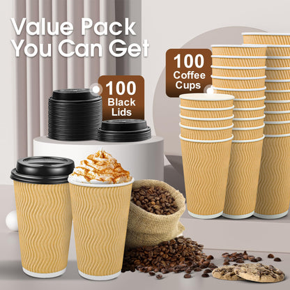 Ginkgo 100 Pack Disposable Coffee Cups with Lids 16 oz, Insulated Ripple Wall To Go Paper Cups for Party Home and Travel - Beige