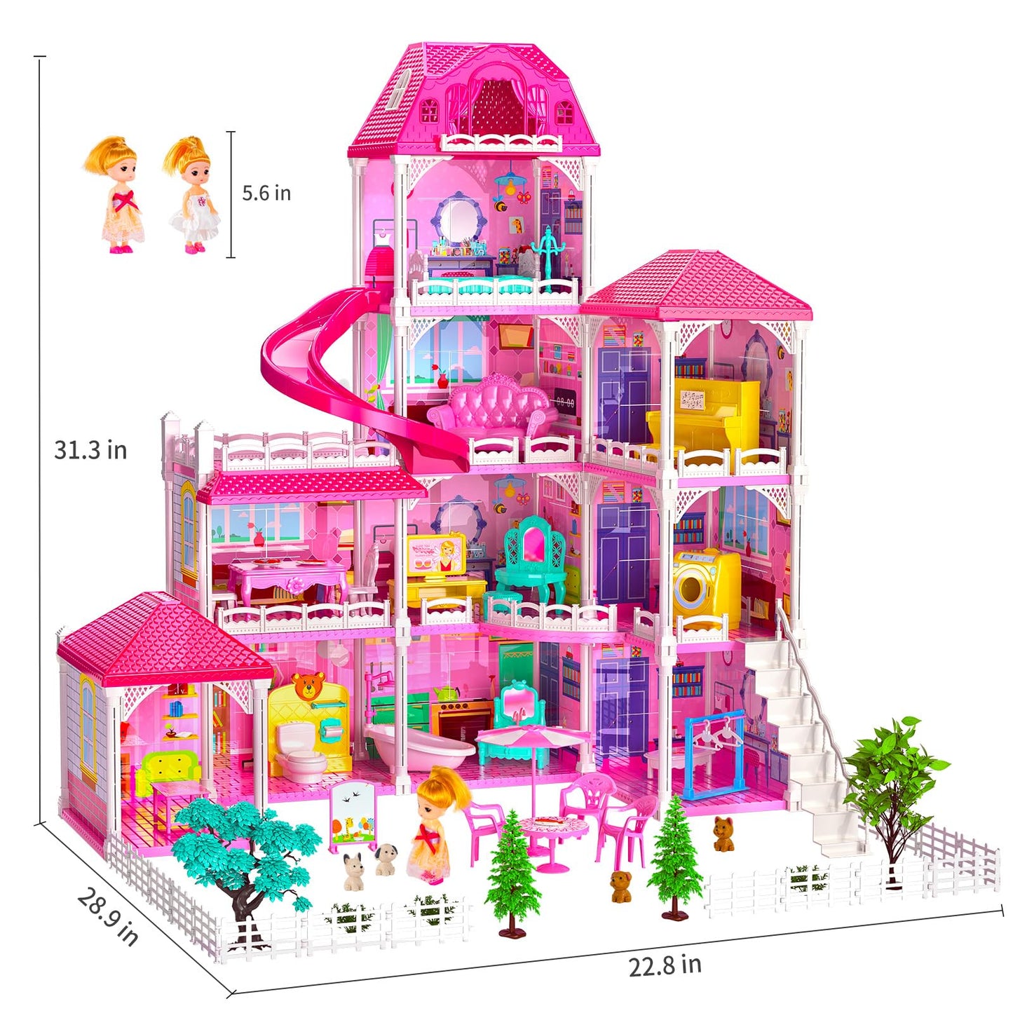 TEMI 10-Room Dollhouse Playset with Dolls and Furniture